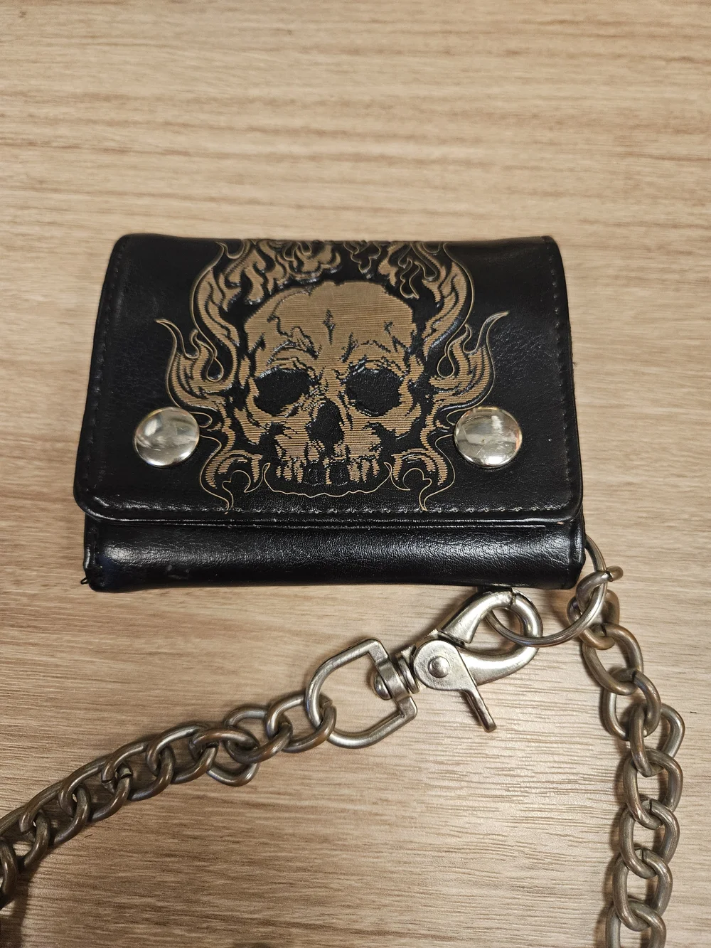 Black Skull Trifold Leather Wallet with Heavy Chain